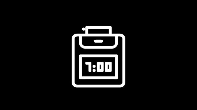 Simple white line icon of a digital alarm clock displaying 7:00 on a black background