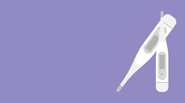 Digital thermometers isolated on purple background, electronic temperature measuring devices for healthcare and fever monitoring, medical equipment banner with copy space.