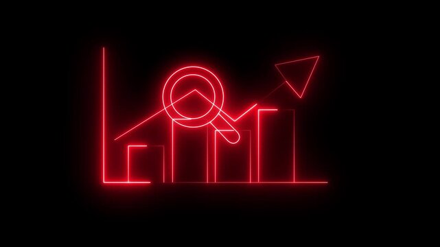 Neon glowing bar graph with magnifying glass and upward trending arrow symbolizing growth Financial Performance, Market Research, Data Analysis, Statistics and Motion Graphics..
