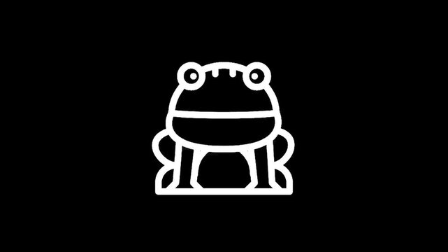 Simple white frog icon on a black background, minimalist design for digital use