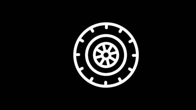 Simple white outline of a car tire on a black background, minimalist design