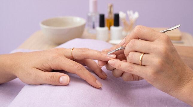 Nail technician preparing fingernails with cuticle pusher at professional salon