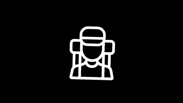 Simple line art icon of a person wearing a backpack and a cap, isolated on black