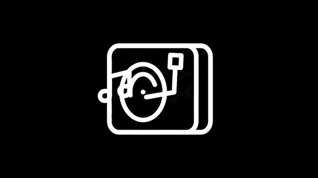 Simple white outline icon of a turntable on a black background