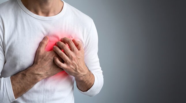 Man clutching chest in pain, experiencing cardiac arrest or heart attack symptoms