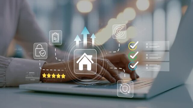 Businesswoman using animated house icon, housing market analytics, asset growth strategy, property investment planning, financial management and intelligent real estate technology