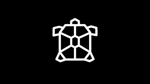 Geometric white turtle icon on a black background, minimalist and modern design