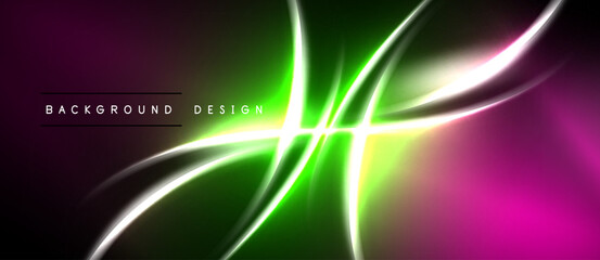 Obraz premium Abstract vibrant design. Smooth curves intersect, creating luminous effect. Dark background emphasizes bright colors, magenta, green. Modern aesthetic.
