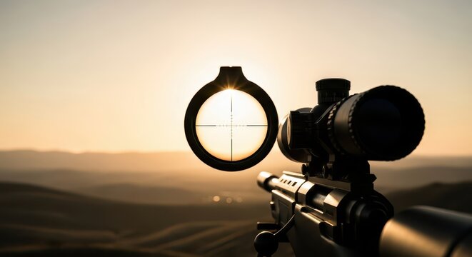 Silhouette of a sniper rifle scope with crosshairs against a dramatic sunset over rolling hills