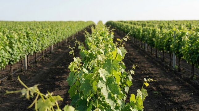 Rows of lush green grapevines stretching into the distance under a clear sky.