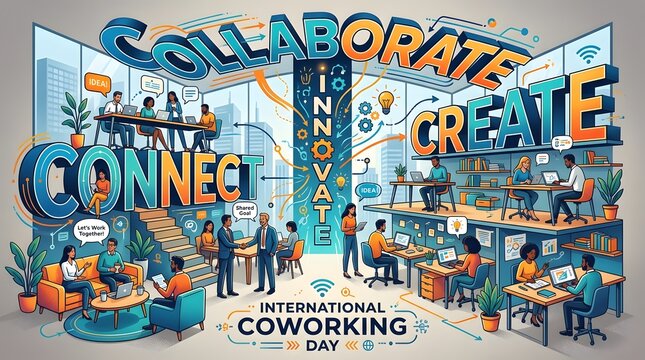 Collaborative coworking office concept illustration featuring creative
