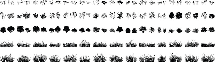 Collection of black silhouette botanical including plants trees and grasses © MDSHAHIN