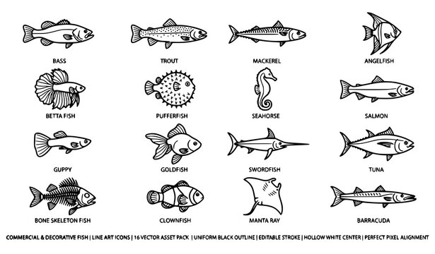 Fish line icon set with editable stroke pixel perfect linear ocean fishing and aquarium animal symbols