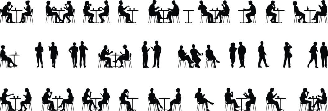 Collection of black silhouettes of people sitting and standing at tables and in groups