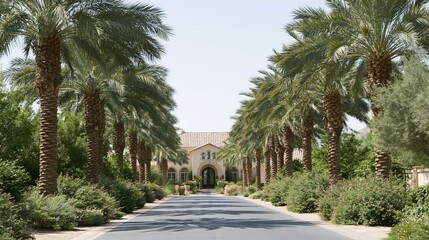 Fototapeta premium Luxury Estate Driveway Lined with Palm Trees Leading to a Grand Entrance Under a Clear Sky