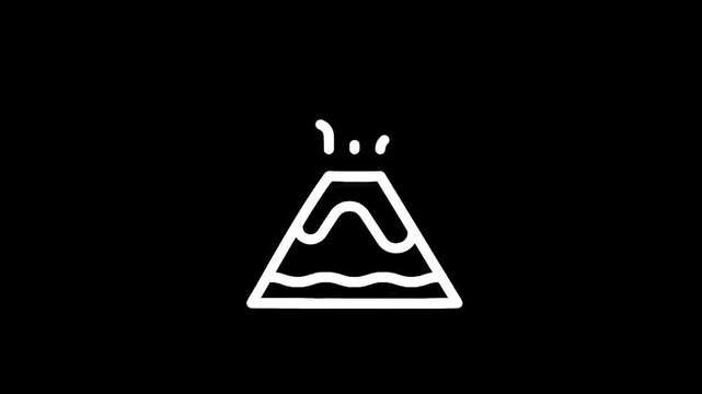 Simple white line art icon of an erupting volcano on a black background