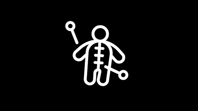 Stylized outline of a voodoo doll with pins inserted into its body on a black background