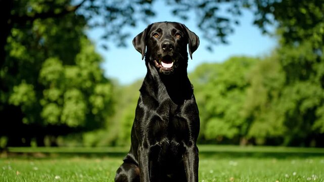 Black Labrador sitting in the grass, black on the lawn