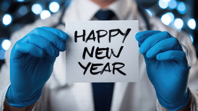 Hands holding a sign with happy new year message during a celebration