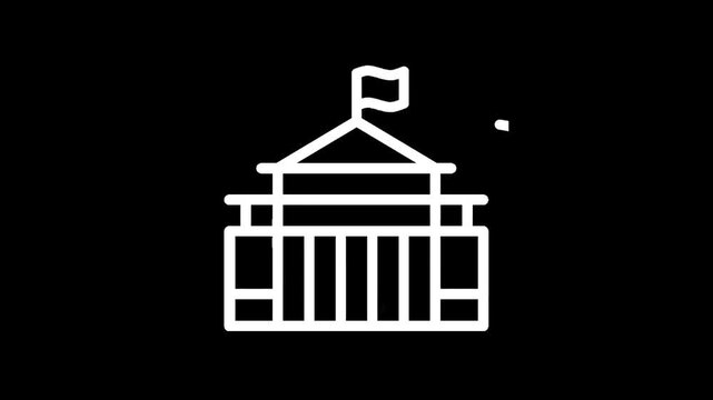 Minimalist white line art icon of a classical government building with a flag on top