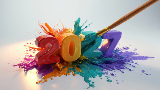 Colorful paint splash forming the numbers 2027 with a paintbrush in a vibrant artistic display
