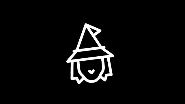 Simple white witch hat icon with face on black background, minimalist illustration