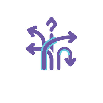 Multiple direction arrows representing decision making and uncertainty with question mark and curved paths in purple and teal flat style
