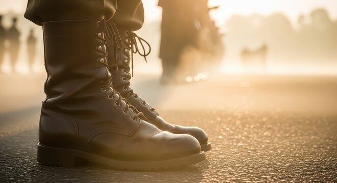 Close-up of Military Combat Boots on Asphalt Ground with Golden Hour Sunlight and Blurred Figures in Background