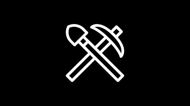 Icon of crossed shovel and pickaxe on a black background, representing mining and excavation
