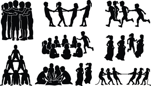 Children playing outdoor games and team activities silhouettes set featuring tug of war sack race human pyramid isolated on white backgroundPrint