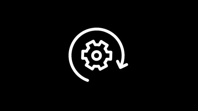 White gear icon with circular arrow indicating process or workflow on black background