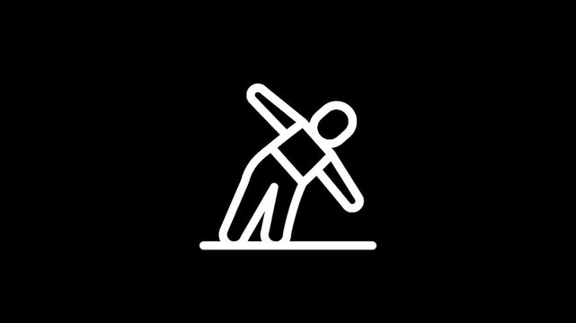 Simple white line art icon of a person stretching on a black background