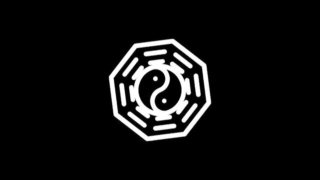 White yin yang symbol inside an octagonal bagua symbol on a black background