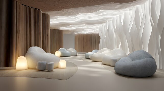 Wide view of a contemporary therapeutic space with fiber optic rain installation glowing gently, ergonomic cocoon seating pods, and interactive textured wall panels, neutral color palette with