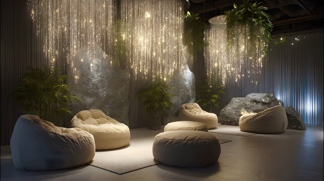 Wide view of a contemporary therapeutic space with fiber optic rain installation glowing gently, ergonomic cocoon seating pods, and interactive textured wall panels, neutral color palette with