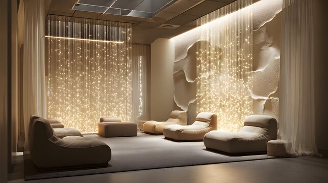 Wide view of a contemporary therapeutic space with fiber optic rain installation glowing gently, ergonomic cocoon seating pods, and interactive textured wall panels, neutral color palette with