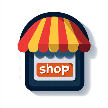 This is a flat  store icon, with a rounded red and yellow striped awning on top, a dark blue rounded frame, and an orange label printed with the word "shop" at the center