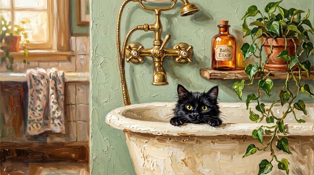 Textured impasto oil painting of a curious black cat peeking over the edge of a vintage bathtub