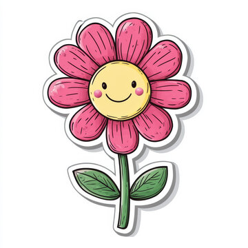 This is a cute sticker-style cartoon flower graphic: pink petals surround a yellow smiling face center, paired with a green stem and two green leaves, outlined with a white sticker border 