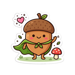 Fototapeta premium Cute Little Acorn Superhero Wearing a Green Cape and Standing Beside a Red Mushroom Sticker Illustration