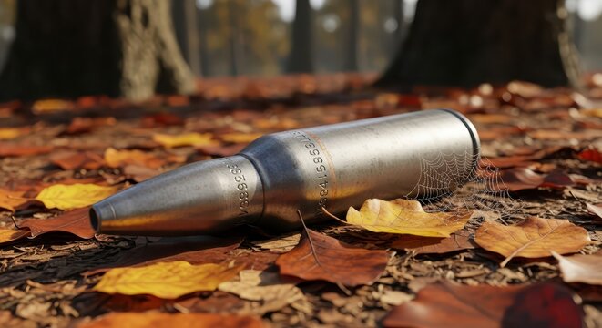 A single spent bullet casing lies on the forest floor amidst fallen autumn leaves, symbolizing nature reclaiming the remnants of conflict.