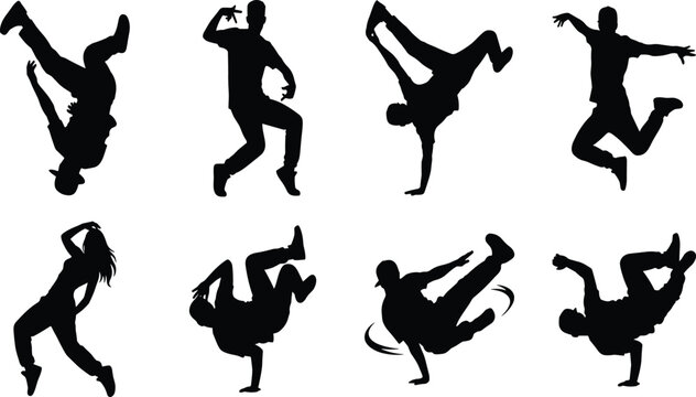 Energetic hip hop and breakdance silhouettes collection featuring dynamic street dancers in action poses isolated on white backgroundPrint