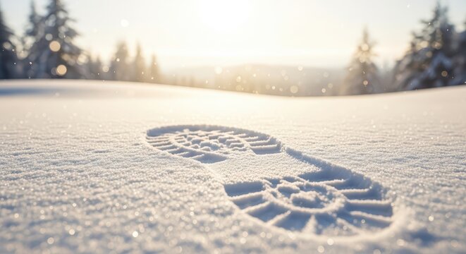 A solitary footprint in fresh snow, with a winter forest and golden sun rays in the background.