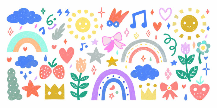 Hand Drawn Doodle Icons Featuring Rainbows Hearts And Clouds Pattern