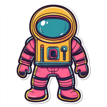 This is a retro cartoon sticker of a full-body astronaut, with a yellow helmet shell, teal reflective visor, bright pink spacesuit, outlined with a distinct white sticker border