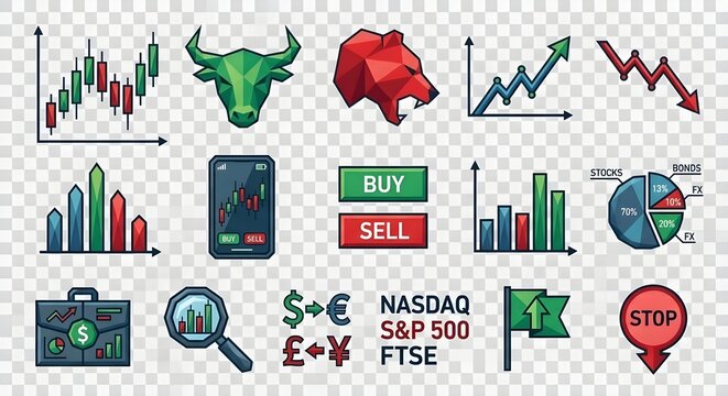 Stock Market Trading Icons Vector Set - Financial Investment, Bull Bear Market, Charts and Currency Exchange Symbols
​