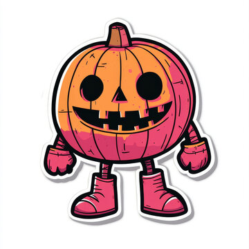 This image features a whimsical, anthropomorphic pumpkin character with a carved jack-o'-lantern face, wearing pink boots and gloves, standing upright in a playful pose, radiating a fun, spooky