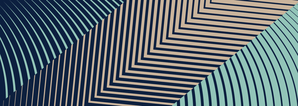 Abstract geometric background featuring dynamic parallel lines in navy beige and soft mint green tones with featuring sharp angular chevrons contrasted against gentle curved linear structures