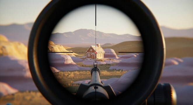 Sniper scope view of a small remote cabin in a mountainous, arid landscape at sunset