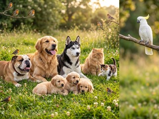 Obraz premium Happy Multispecies Pet Team Of Golden Retriever Husky Pug Three Puppies Sleeping Cat And Cockatoo Parrot Relaxing Together On Lush Green Grass In Warm Sunny Countryside Garden 